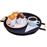 37CM Ahşap Kulplu Siyah Metal Tepsi Yuvarlak Tepsi Çay Sunum Tepsisi - 37 cm