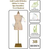 38 Beden Iğne Batabilen Terzi Mankeni Prova Mankeni Sünger Manken Gold Ayaklı Krem Kumaş Po-01