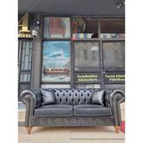 3A Mobilya Black Chesterfield Kanepe Suni Deri Yumuşak Oturum 230 cm Siyah Renk