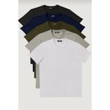 3A Moda Erkek Beyaz-Lacivert-Siyah-Haki-Gri Melanj Slim Fit Bisiklet Yaka Pamuk 5'li Tişört Paketi - 6XL - Çok Renkli