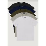 3A Moda Erkek Beyaz-Lacivert-Siyah-Haki-Gri Melanj Slim Fit Bisiklet Yaka Pamuk 5'li Tişört Paketi - Çok Renkli