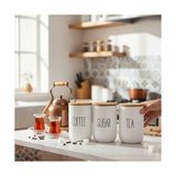 3'lü Bambu Kapaklı Seramik Kavanoz Seti - Vakumlu Çay Şeker Kahve Saklama Kabı - Coffee Sugar Tea Yazılı Beyaz Baharatlık (700 Ml) - 0 Siyah - Option-1