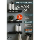 3art Metal 3’lü Banyo Rafı – Duvar Tipi Organizer - Siyah Şık Şampuan ve Aksesuar Raf Seti - Paslanmaz Metal