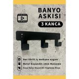 3Art Metal Demir Banyo Askısı - Duvara Monte Havlu ve Elbise Askısı 3 Kancalı - Siyah