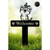 3Art Metal Kedi Figürlü Metal Bahçe Dekoru – Welcome Yazılı Bahçe & Kapı Süsü