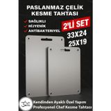 3art Metal Paslanmaz Çelik Kesme Tahtası 2’li Set - Hijyenik, Kokusuz ve Antibakteriyel - Gömme Ayaklı