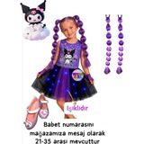 3b Kids Kuromi Işıklı Penye Kostüm Elbise Kuromi Peruk Saç Kuromi Babet Ayakkabı Seti Doğum Günü Parti - 6 - 7 Yaş - Mor
