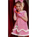 3b Kids Payetli Pembe Kostüm Pembe Elbise Doğum Günü Elbise Yılbaşı Düğün Davet Eldiven Bandana - 3 - 4 Yaş