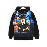 3d Baskılı Kız Çocuk Wednesday Addams 3 İp Şardonlu Sweatshirt Siyah