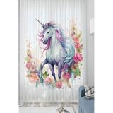 3D ELSE HALI Renkli Çiçekli Unicorn Atlı Desenli Kız Çocuk Tül Perde Tek Kanat 140x260cm