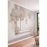 3D Geometrik Tünel ve Çiçekler - Modern Derinlik Etkili Tek Parça Tekstil Duvar Kağıdı, 450 x 280