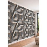 3D Görünümlü Gri Metalik Panel ve Bakır Detaylı Geometrik Tek Parça Tekstil Duvar Kağıdı, 400 x 260