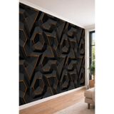 3D Görünümlü Siyah ve Bakır Detaylı Geometrik Panel Tasarımlı Tekstil Duvar Kağıdı, 400 x 240