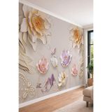 3D İnci Detaylı Modern Çiçekler - Pastel Tonlu Sanatsal Tek Parça Tekstil Duvar Kağıdı, 100 x 100