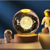 3D Kristal Cam Küre Ahşap Kaideli Gece Lambası - Satürn