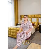 3dsepetim Büyük Beden Şık Tasarım Pembe Siyah Çizgili Düğmeli Kısa Kol Lüx Saten Pijama Takımı 2XL 431202