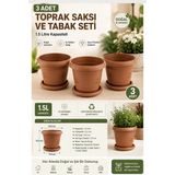 3'lü 1,5 Litre Plastik Çiçek Saksısı Seti Tabaklı Dekoratif Saksı, Balkon Saksısı, Bitki Saksısı, Ev ve Bahçe Saksısı Kahverengi