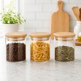 3’lü 300 ML Bambu Kapaklı Cam Kavanoz Seti, Silikon Contalı Şeffaf Baharatlık ve Saklama Kabı, Çay Kahve Şeker Baharat Kuruyemiş Kavanozu