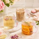 3'lü 400 ml Kelebek Detaylı Borosilikat Cam Kupa Seti, Pembe Cam Kulplu Çay Kahve ve Soğuk Içecek Bardağı - Standart - Renkli