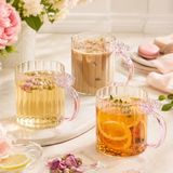 3’lü 400 ml Kelebek Detaylı Borosilikat Cam Kupa Seti, Pembe Cam Kulplu Çay Kahve ve Soğuk İçecek Bardağı