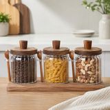 3'lü 450 ml Borosilikat Cam Kavanoz Seti, Ahşap Kapaklı Kaşıklı Küçük Boy Mutfak Saklama Kabı, Kahve, Şeker, Baharat, Kuruyemiş ve Bakliyat Için Şık C - Çok Renkli