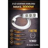 3’lü 7 Metre Uzatma Kablosu 3x2,5 Ttr Tam Bakır Kalın Kablo 3000W Güvenli Kullanım - Beyaz