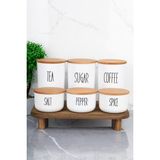 3'lü 800ML Ahşap Kapaklı Vakumlu (PLASTİK) Çay/kahve/şeker ve 3'lü 300ML Tuz/biber/baharatlık(Ahşap Stantlı) Set - Beyaz