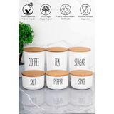 3'lü 900ML Ahşap Kapaklı Vakumlu Akrilik (PLASTİK) Çay/Kahve/Şeker ve 3'lü 400ML Tuz/Biber/Baharat Seti - Beyaz