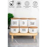 3'lü 900ML Ahşap Kapaklı Vakumlu Akrilik(PLASTİK) Çay/Kahve/Şeker ve 3'lü 400ML Tuz/Biber/Baharatlık(Ahşap Stantlı) - Beyaz