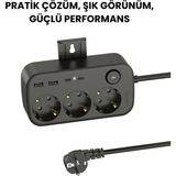 3’lü Akım Korumalı Priz | 2 USB + 2 Type-C Girişli | Anahtarlı ve Duvara Monte Edilebilir Uzatma Kablosu – Siyah