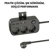 3’Lü Akım Korumalı Priz 2 Usb Ve 2 Type-C Girişli Anahtarlı Ve Duvara Monte Edilebilir Uzatma Kablosu Siyah