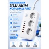 3’lü Akım Korumalı Priz 2500W 10A 2 USB-C + 4 USB Şarj Çıkışlı 2 Metre Kablolu Çoklu Priz Grup Priz Uzatma Kablosu