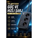 3'lü Akım Korumalı Priz 2500W | 2x USB-A + Type-C PD 20W | 2 Metre Uzatma Kablosu