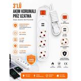 3'lü Akım Korumalı Priz Uzatma Kablosu 1,5 Metre – 2 USB Girişli, Işıklı Anahtarlı, Çocuk Korumalı Ç