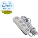 3'lü Anahtarlı 10 Metre Uzatma Kablosu Topraklı 3x1,5 Ttr Cca - Beyaz