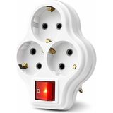 3lü Anahtarlı Golyat, Üçlü Topraklı Priz Duvar Tipi Çoklayıcı Fiş, 16A 250 Volt, Max 3600 Watt (Beyaz) - Ahşap
