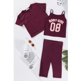 3'lü Baby Girl Baskılı Tshirt Atlet Tayt Bordo Takım