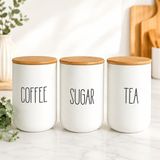 3'lü Bambu Kapaklı Seramik Saklama Kabı Seti, Her Biri 1000 Ml, Coffee Sugar Tea Yazılı Kahve Şeker Çay Kavanozu, Tezgâh Üstü Mutfak Düzenleyici - Çok Renkli