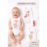 3’lü Bebek Body Seti %100 Pamuk Ayıcık Desenli Bebek Body Kolsuz Çıtçıtlı Zıbın