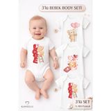 3’lü Bebek Body Seti %100 Pamuk Sevimli Ayıcık Baskılı Kısa Kollu Çıtçıtlı Zıbın Yenidoğan Body