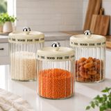 3'lü Çizgili Cam Baharatlık Seti, Krem Plastik Kapaklı Saklama Kavanozu, 12 x 12 x 16 cm, Kahve Kuruyemiş Bakliyat Makarna ve Kuru Gıdalar İçin