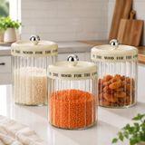 3'lü Çizgili Cam Baharatlık Seti, Krem Plastik Kapaklı Saklama Kavanozu, 12 x 12 x 16 cm, Kahve Kuruyemiş Bakliyat Makarna ve Kuru Gıdalar İçin