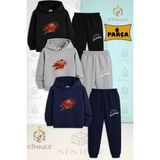 3'lü Çocuk Unısex Alevlı Basket Topu Baskılı Kapşonlu Eşofman Takımı - 3 Yaş - Siyah - Gri - Lacivert