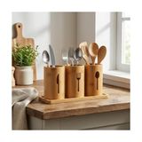 3'lü Doğal Bambu Kaşıklık Seti - Ahşap Standlı Tezgah Üstü Çatal Kaşık Bıçak Düzenleyici Şık Mutfak Organizeri (Stand: 33X13X2 Cm/kaşıklık: 10X12 Cm)