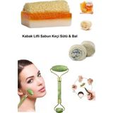 3'lü Doğal Set Kabak Lifli Keçi Sütlü Ballı Sabun Peeling Sivilce Leke Ruşur Taşı Yüz Masaj Aleti