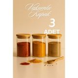 3’lü Düz Cam Baharatlık Seti – Hava Geçirmez Bambu Vakum Kapaklı Kavanoz Seti 610 ml - Şeffaf