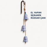 3'lü El Yapımı Seramik Rüzgar Çanı, Nazar Boncuklu Bahçe ve Balkon Süsü, Jüt Halatlı Çiçek Motifli Duvar Dekoru, Kapı Önü ve Pencere İçin Dekoratif Çan, EGE BEYAZI