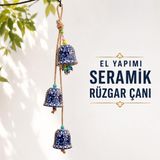 3'lü El Yapımı Seramik Rüzgar Çanı, Nazar Boncuklu Bahçe ve Balkon Süsü, Jüt Halatlı Çiçek Motifli Duvar Dekoru, Kapı Önü ve Pencere İçin Dekoratif Çan, GECE MAVİSİ