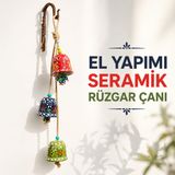 3'lü El Yapımı Seramik Rüzgar Çanı, Nazar Boncuklu Bahçe ve Balkon Süsü, Jüt Halatlı Çiçek Motifli Duvar Dekoru, Kapı Önü ve Pencere İçin Dekoratif Çan, RENKLİ