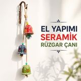 3'lü El Yapımı Seramik Rüzgar Çanı, Nazar Boncuklu Bahçe ve Balkon Süsü, Jüt Halatlı Çiçek Motifli Duvar Dekoru, Kapı Önü ve Pencere İçin Dekoratif Çan, RENKLİ